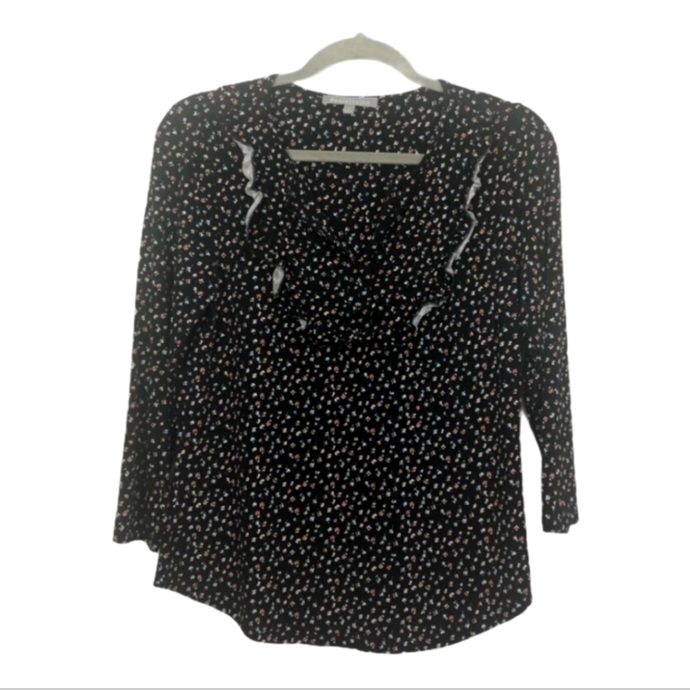 Daniel Rainn Black Top Tiny Flower Print Ruffle Accent Size PS